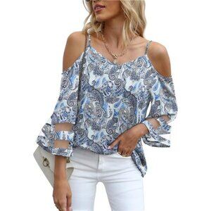 Blue Paisley‎ Printed Mesh Panel 3/4 Bell Sleeve Off Shoulder Flowy Top Blouse